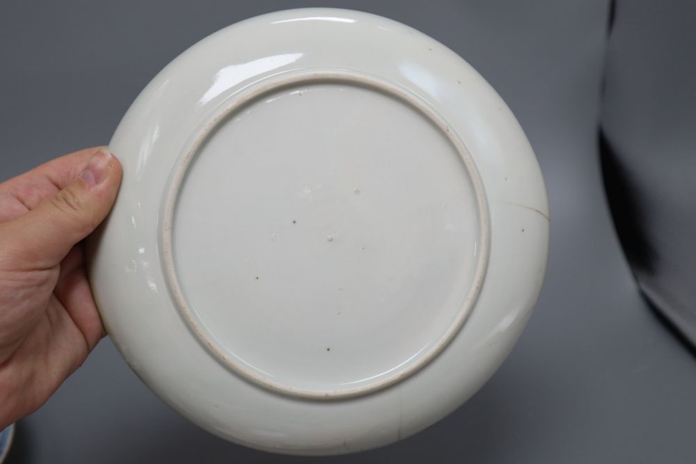 A 17th century Arita crane dish and an 18th century Chinese Imari fluted dish and similar soup plate, largest diameter 26cm
